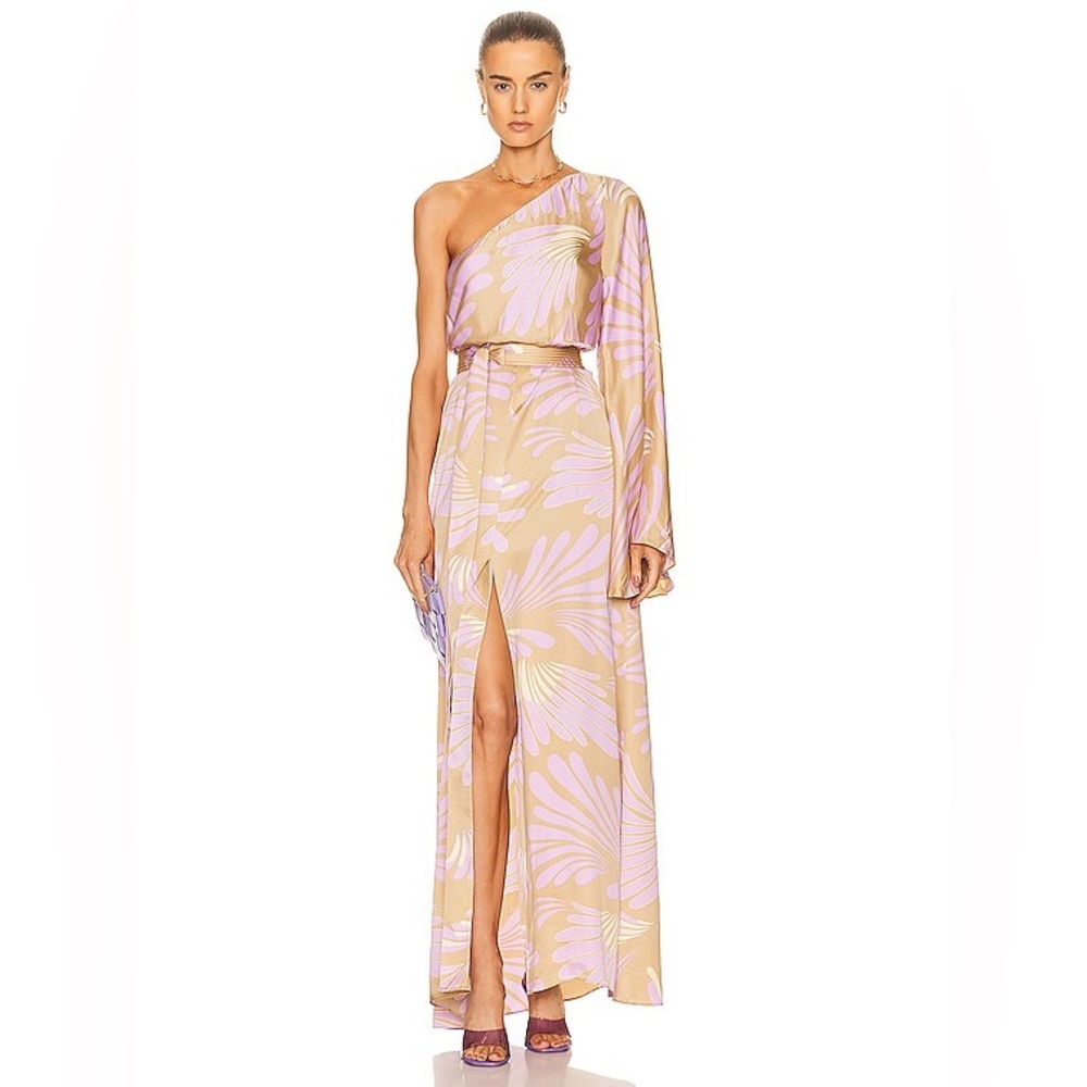 Alexis One-Shoulder Floral Maxi Dress in Beige and Lilac